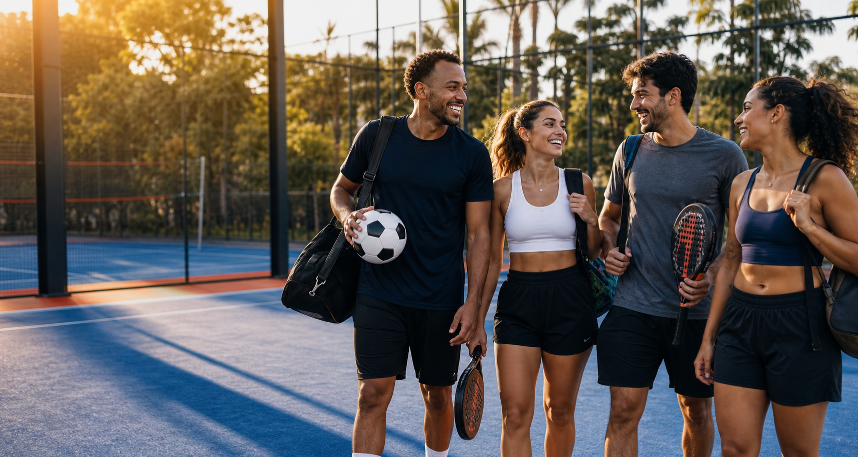 Amigos chegando para jogar em uma arena esportiva